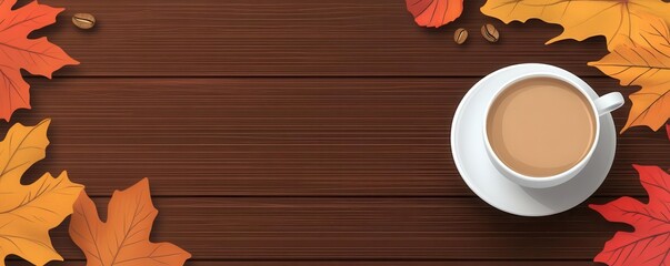 Autumn coffee break, cup and saucer on rustic table, flat design illustration