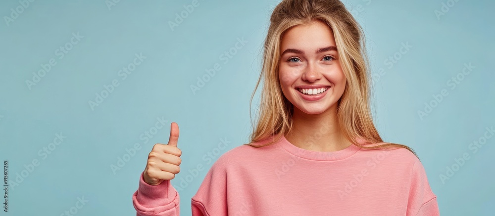 Poster a beautiful young blonde woman in a sweatshirt against an isolated background is smiling with a happ