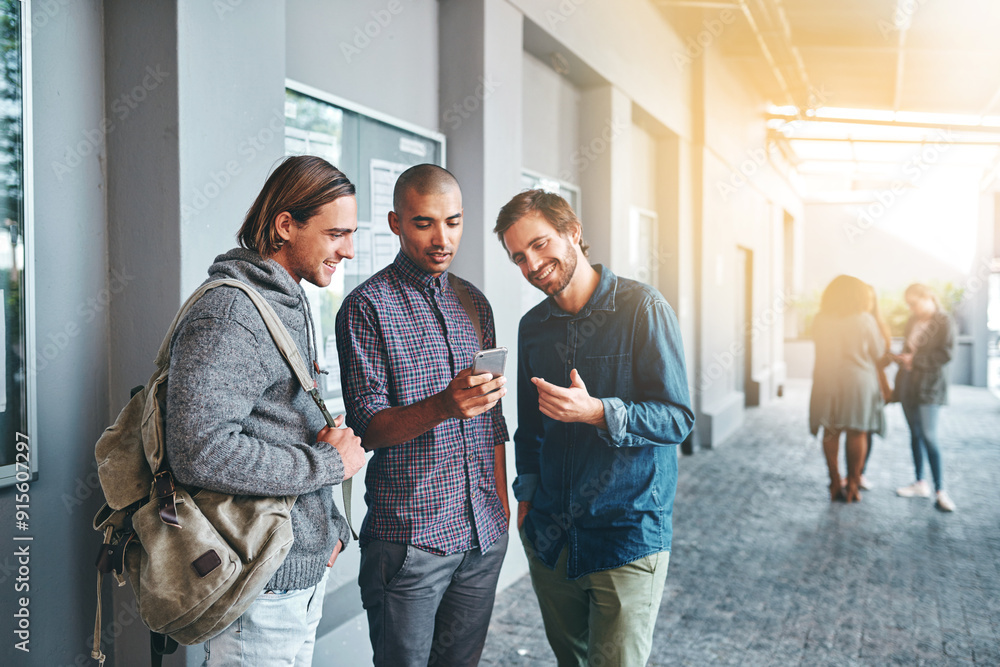 Poster smile, students and friends with conversation or smartphone for networking, social media and academy