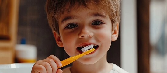 Portrait of a young boy brushing his teeth. with copy space image. Place for adding text or design