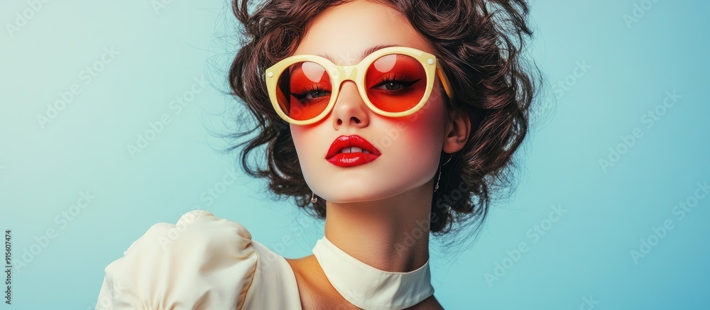 Poster portrait of a beautiful young woman dressed in retro fashion against a white background. with copy s