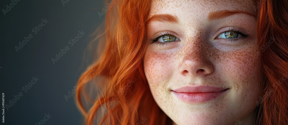 Poster relaxed red haired individual portrait of a smiling redhead. with copy space image. place for adding