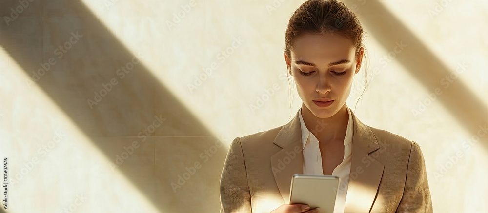 Poster an office woman in a beige suit is focused working with a device office staff and workplace. with co