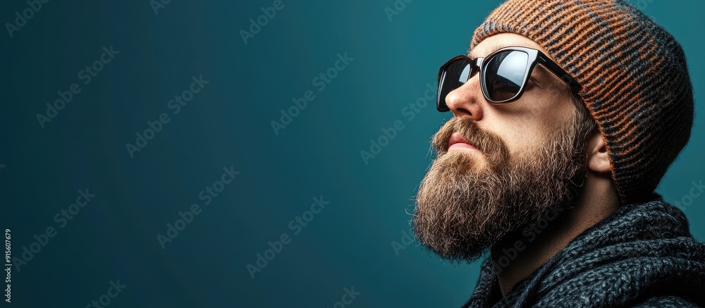 Poster A bearded hipster wearing stylish sunglasses and a beanie hat gazing off to the side banner. with copy space image. Place for adding text or design