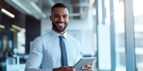 Fototapeta premium A businessman holds a tablet, possibly reviewing documents or data