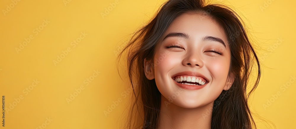 Poster portrait of a beautiful young asian woman smiling happily against a yellow isolated background. with