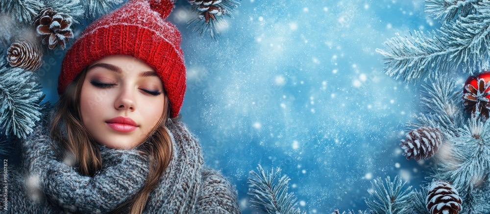 Poster teen with christmas decorations and a blue frosty border. with copy space image. place for adding te