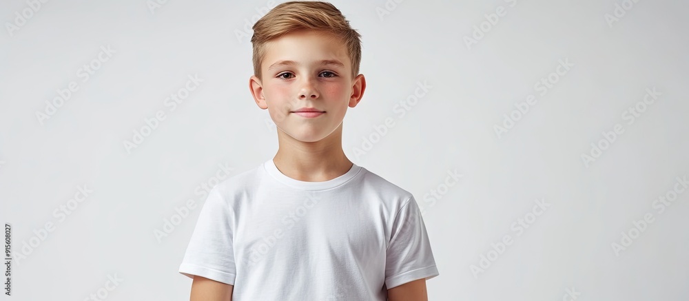 Poster young boy wearing a t shirt against a white background design mockup. with copy space image. place f
