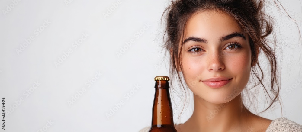 Poster young woman with a beer bottle against a white background. with copy space image. place for adding t