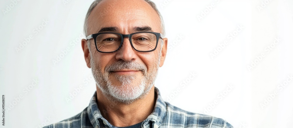 Poster Portrait of a cheerful middle aged man Isolated on white. with copy space image. Place for adding text or design