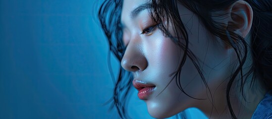 Naklejka premium A young Chinese woman is posing against a blue background feeling sad and reflective as she looks at copyspace