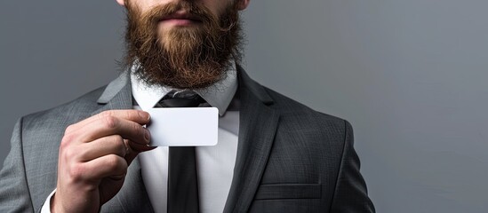 A bearded man in formal attire holds a blank business card in front of a gray background with selective focus on the card Insert your design into the copyspace