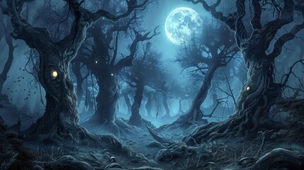 night forest with large trees with glowing eyes. halloween concept