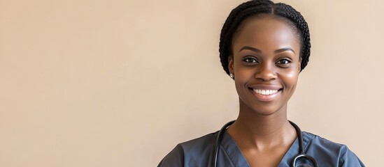 Portrait of a smiling medical assistant against a beige background Room for text. with copy space image. Place for adding text or design