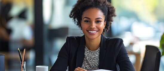Young cheerful businesswoman holding a pen and notebook. with copy space image. Place for adding text or design