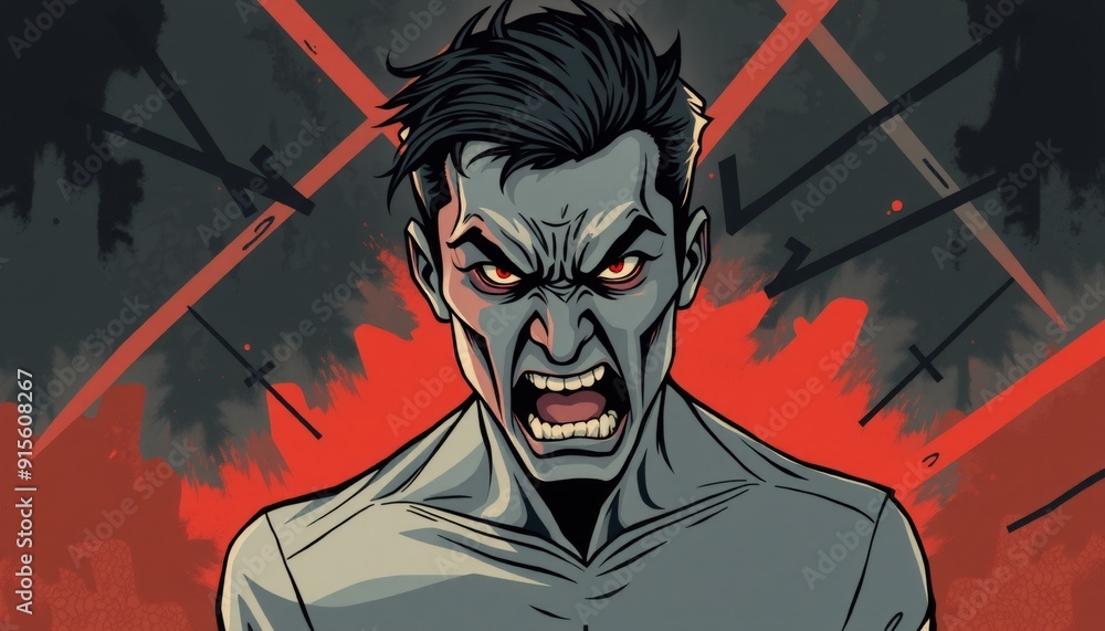 Wall mural person in a vector drawing displaying intense anger face flushed eyes narrowed body rigid background in dark chaotic hues with sharp intersecting lines