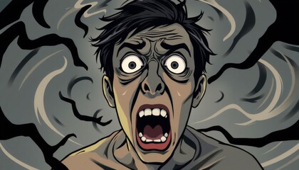 illustration of a person in vector style showing extreme fear wide eyes mouth open in a cry surrounded by dark swirling lines with jagged edges creating a sense of instab