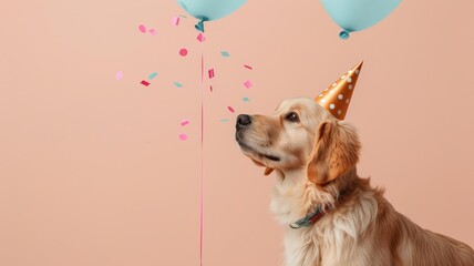 Curious Golden Retriever puppy investigates a balloon in party hat and necklace.