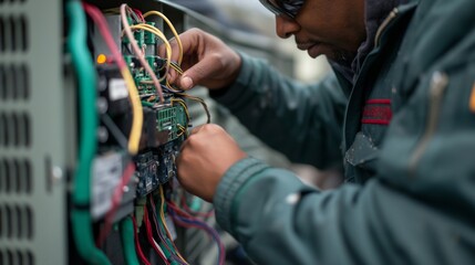 Technician focuses intently on repairing an intricate electrical control panel with various colored wires.
