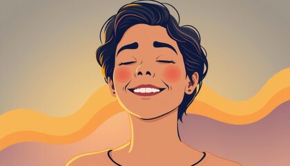 vector illustration of a person with a relaxed smile warm inviting colors and gentle curves in the background highlighting inner peace and contentment