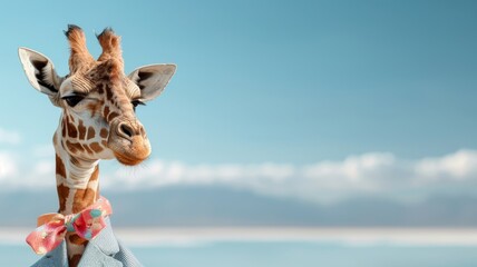 Obraz premium Stylish giraffe in tailored suit gazing at reflection in lake.