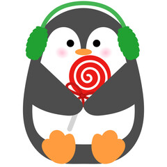 cute penguin is wearing green earmuff and holding sugar candy illustration 
