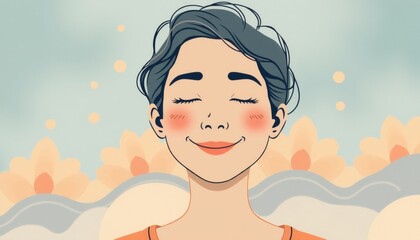 vector illustration of a content person with a gentle smile soft harmonious patterns and colors in the background highlighting a peaceful and serene state of mind