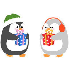 cute penguin wearing winter hat and exchange christmas gift with friends illustration 