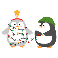 cute penguin is traying to decoration its friends with christmas light and star headband illustrations 