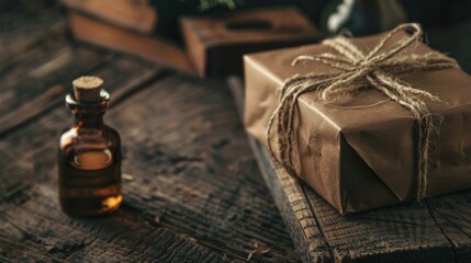 Men's gift creatively packaged on wooden table.