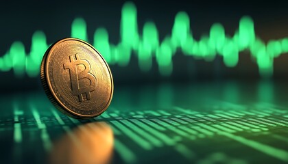 Golden Coin in Front of Green Financial Chart Showing a Sharp Rise with Glowing Lines and Reflective Surfaces