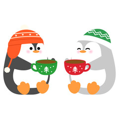 cute penguin wearing winter hat and enjoy hot chocolate with friends illustration 