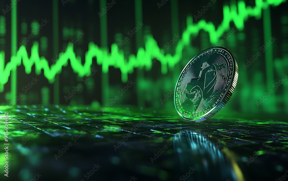 Aufkleber 3D Rendering of Coin Spinning with Green Stock Chart in Background Showing Upward Trend and Neon Highlights
