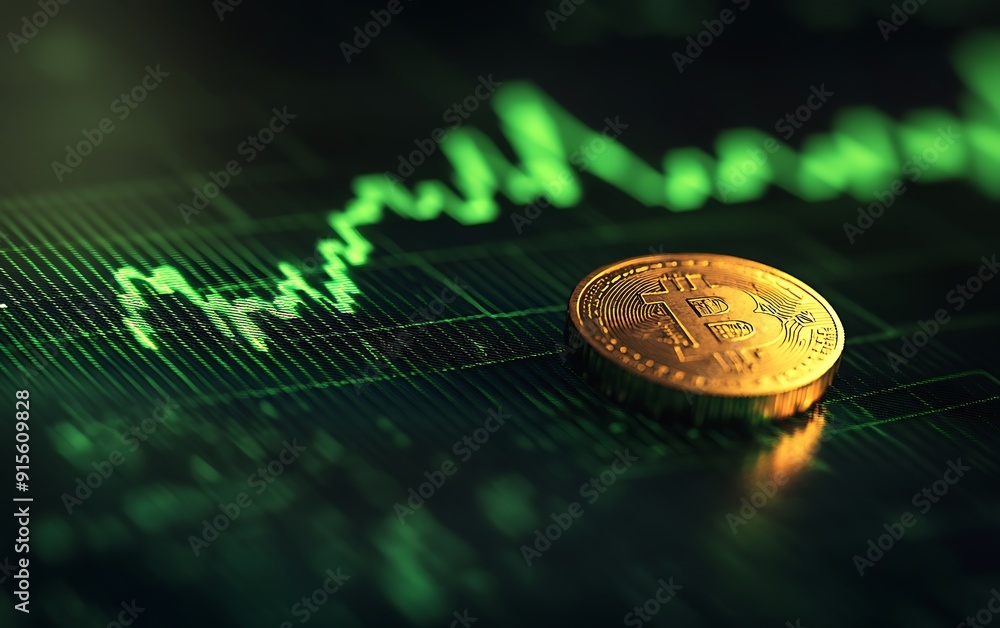 Aufkleber high-resolution image of green financial chart with golden coin in foreground on sleek, dark surface