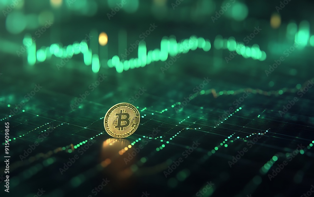 Aufkleber high-resolution image of green financial chart with golden coin in foreground on sleek, dark surface