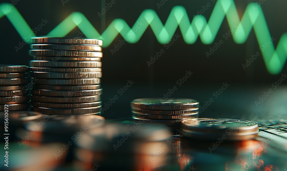 Aufkleber Stack of Coins with Green Line Graph Showing Sharp Increase on Dark Gradient Background