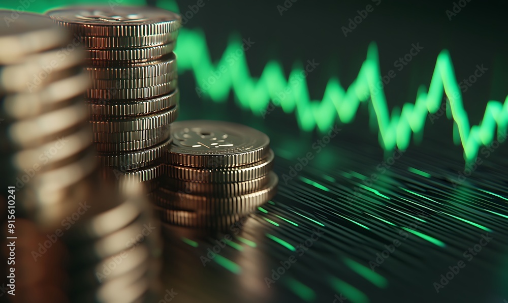 Aufkleber Stack of Coins with Green Line Graph Showing Sharp Increase on Dark Gradient Background