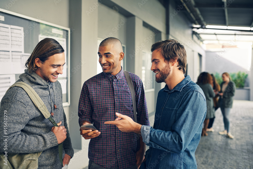 Poster happy, students and friends with conversation or smartphone for networking, social media and academy