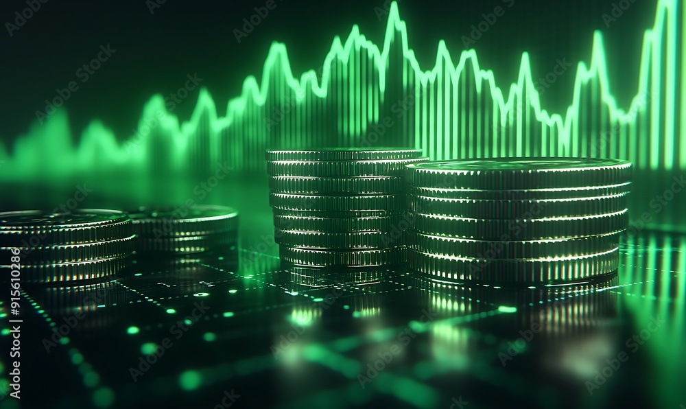 Poster stack of coins with green line graph showing sharp increase on dark gradient background