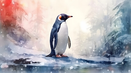 Fototapeta premium Penguin in nature Watercolor Style