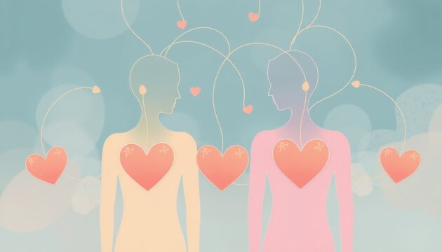 vector depiction of three figures with intertwined lines connecting their hearts and heads illustrating empathy and mental connection with soft pastel colors and abstract bac