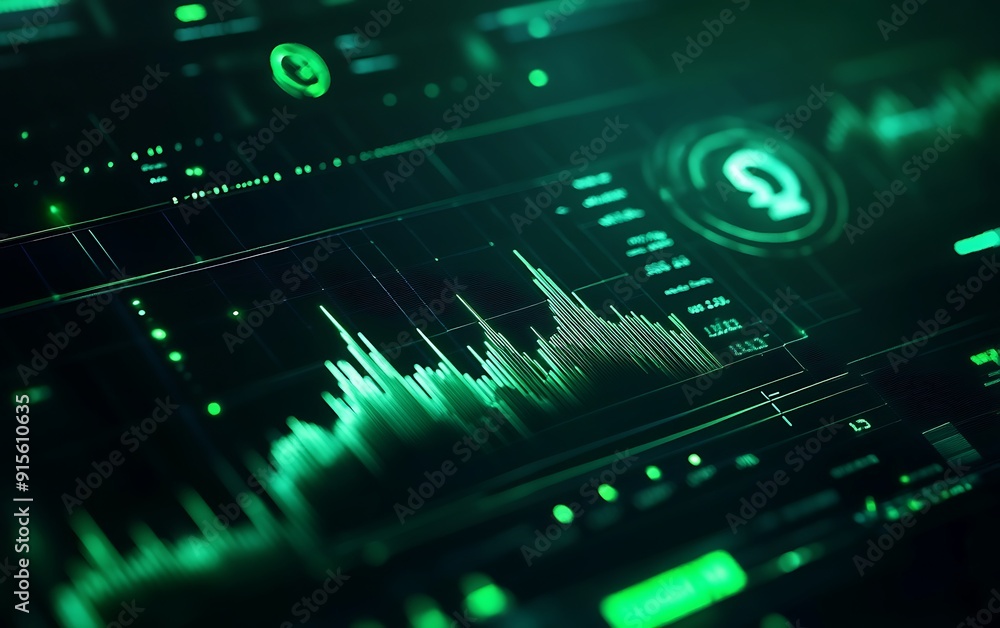 Fototapete digital screen displaying green rising stock chart with coin symbol and neon elements