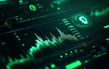 Digital Screen Displaying Green Rising Stock Chart with Coin Symbol and Neon Elements
