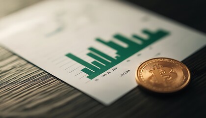 Financial Report with Green Chart and Golden Coin on Dark Wooden Surface