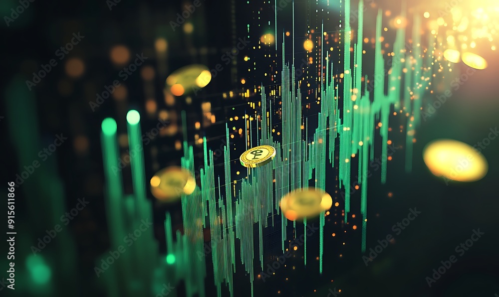 Aufkleber digital illustration of rising green stock chart with golden coins floating upward along graph line