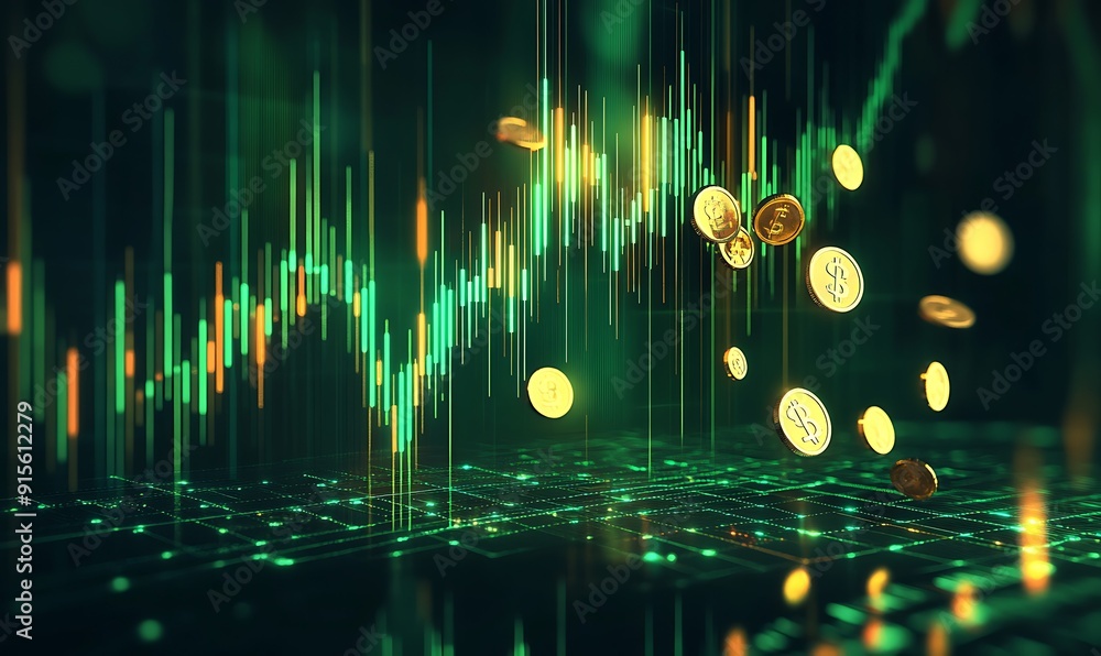 Aufkleber digital illustration of rising green stock chart with golden coins floating upward along graph line