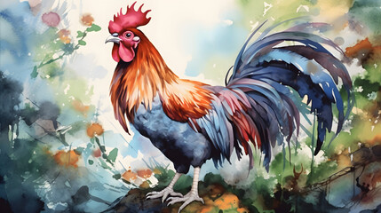 Fototapeta premium Rooster in nature Watercolor Style
