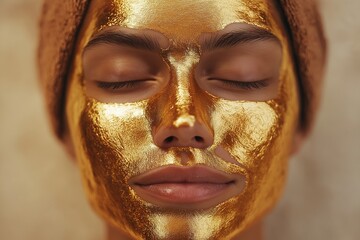 Close-up of a woman with a golden facial mask, eyes closed, exuding calmness and relaxation.