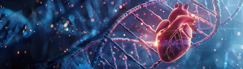 Heart surrounded by DNA strands, Biotech genetics, Connection between genetics and cardiovascular health