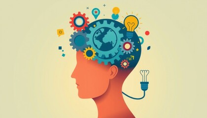 vector illustration of a person with a head full of icons gears for analytical thinking a map for planning and a bulb for problem-solving all arranged in a creative colorf
